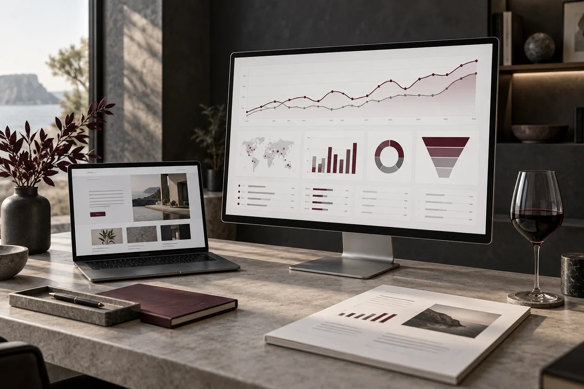 Illustrative Webanalyse auf Monitor und Laptop mit Diagrammen und Besuchertrichter