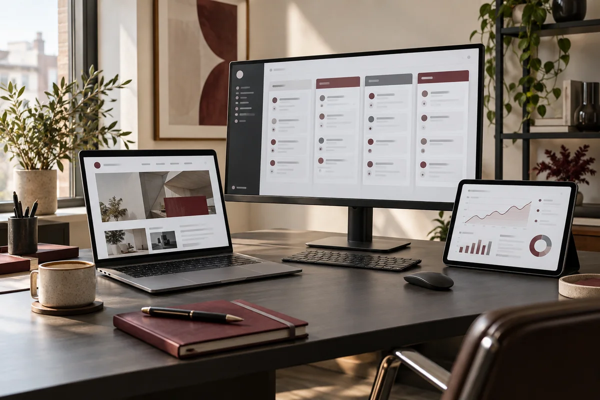 Arbeitsplatz mit Website auf einem Laptop, CRM auf einem Monitor und Auswertung auf einem Tablet