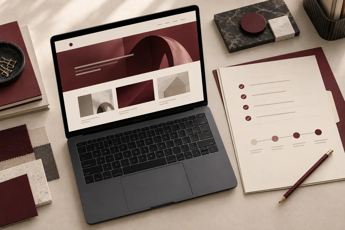 Konzeptillustration mit einer Firmenwebsite auf einem Laptop und einer Projekt-Checkliste