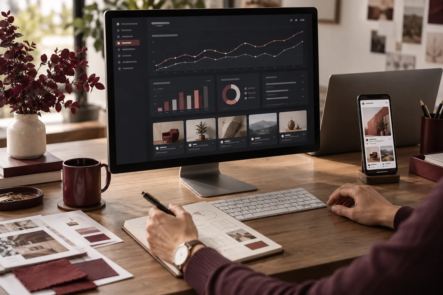 Arbeitsplatz mit Kampagnenanalyse auf einem Monitor und einer Social-Ad auf einem Smartphone