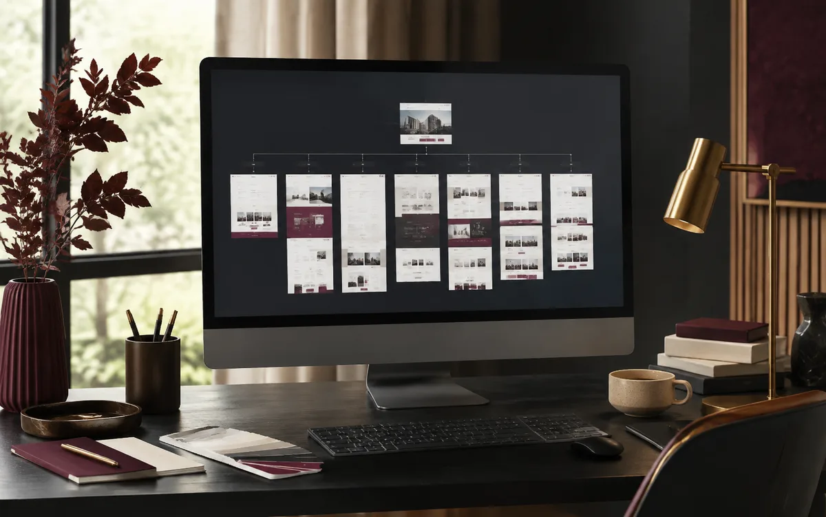 Geplante Seitenstruktur einer Unternehmenswebsite auf einem Monitor