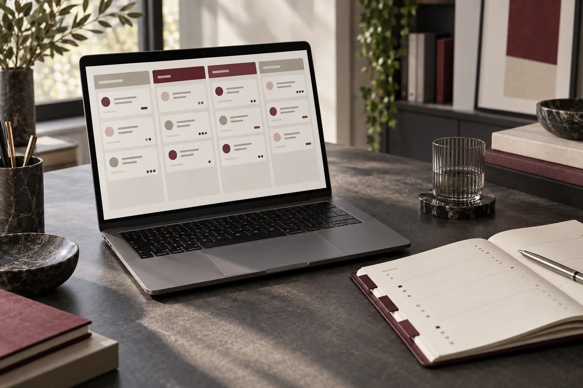 Illustrative CRM-Vertriebspipeline auf einem Laptop neben einem Aufgabenplaner