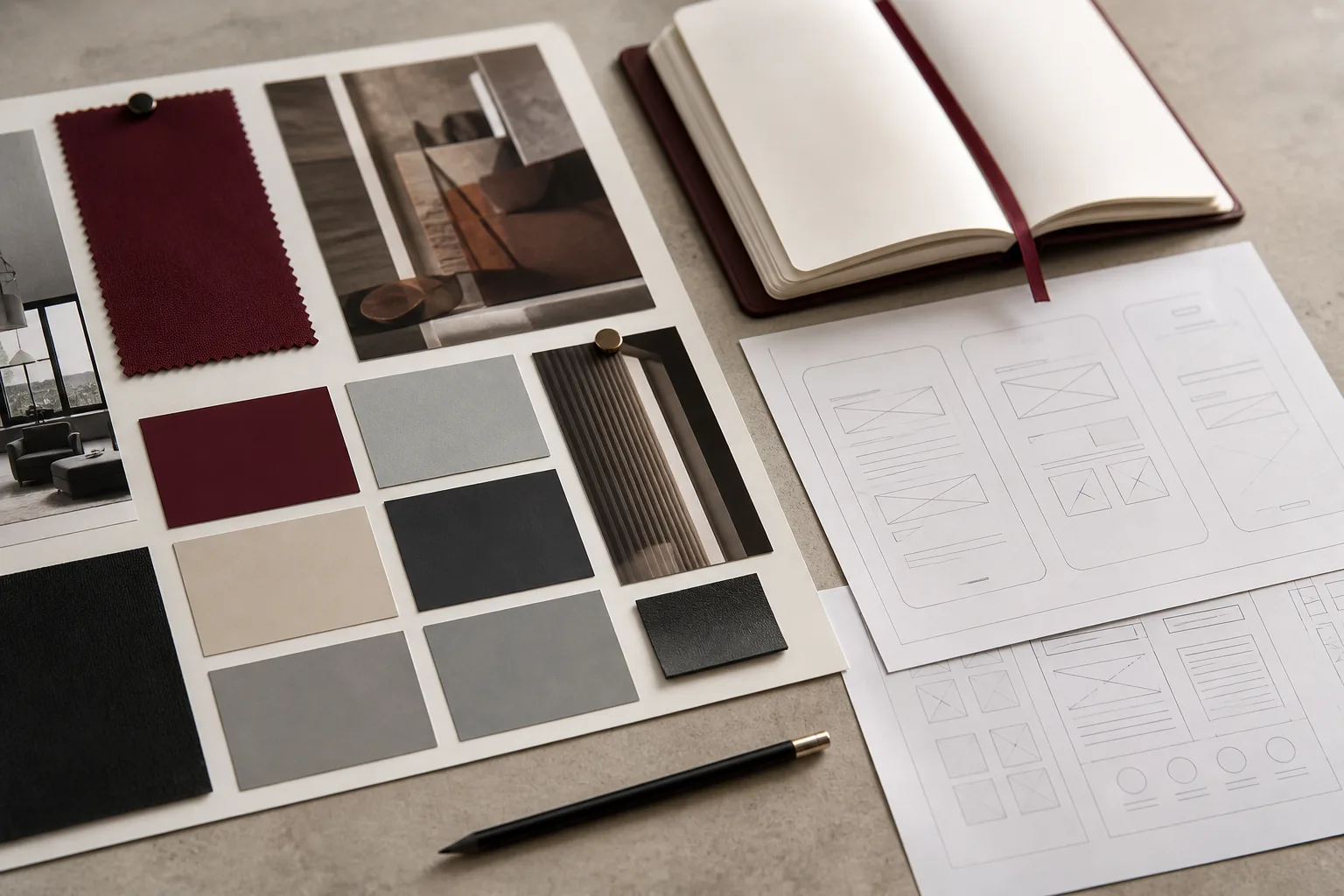 Moodboard mit Farben, Materialien und ersten Entwürfen einer Website