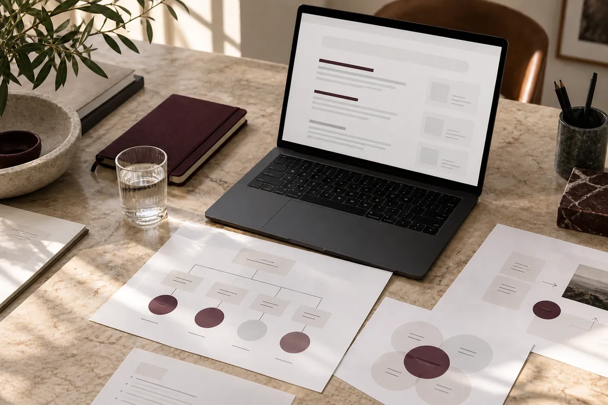 Laptop mit schematischen Suchergebnissen und Unterlagen zur SEO-Strategie auf einem Schreibtisch